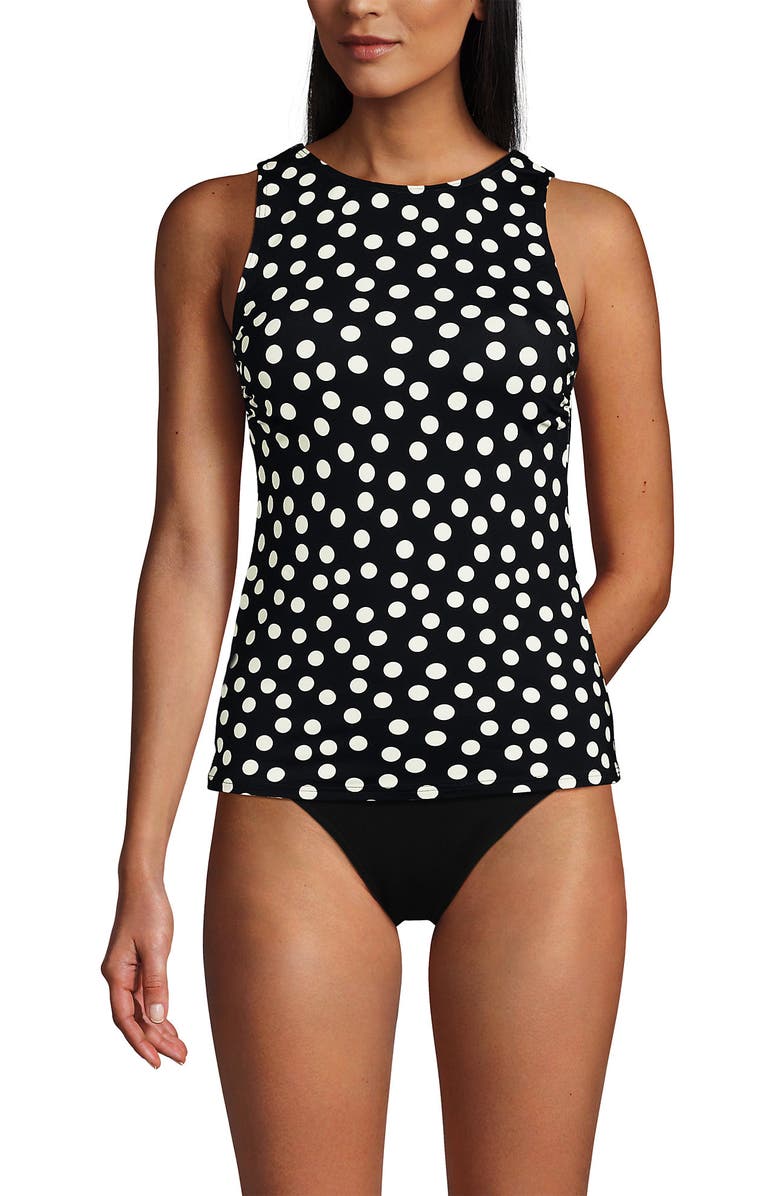 Lands' End D-Cup Chlorine Resistant High Neck UPF 50 Sun Protection Modest Tankini Swimsuit Top, Main, color, Black/Egret White Tossed Dots