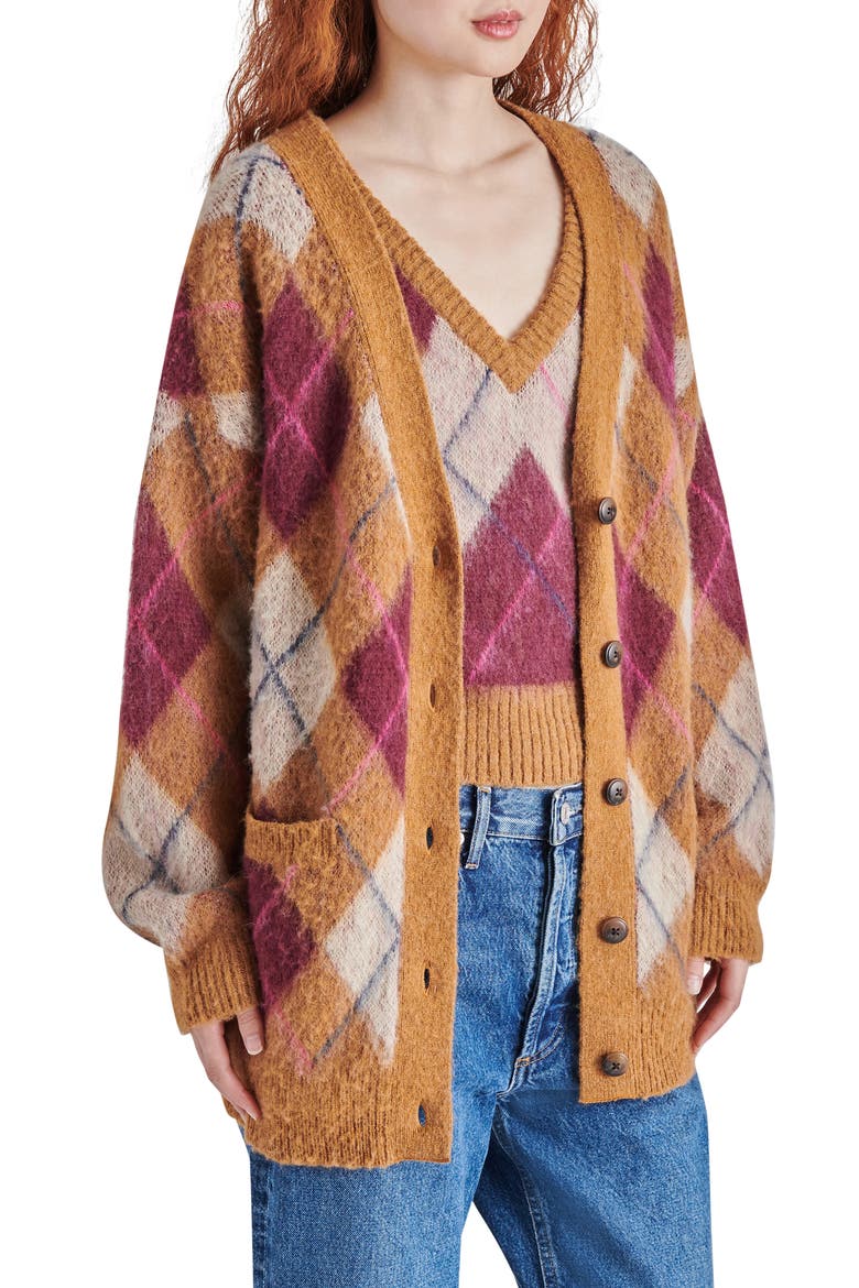 Lexie Oversize Argyle Brushed Cardigan, Alternate, color, TAN
