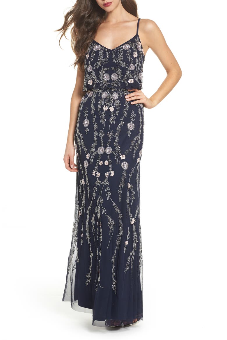 Mesh Blouson Gown, Main, color, NAVY MULTI
