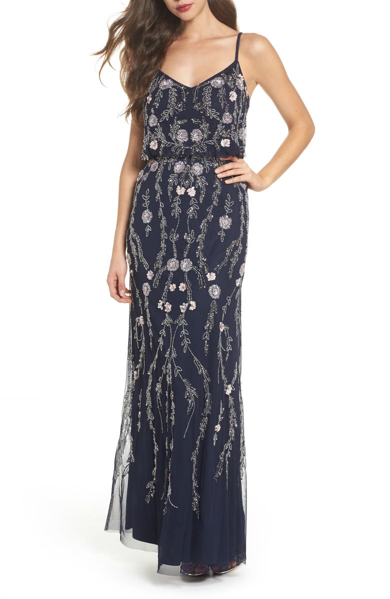 Adrianna Papell Mesh Blouson Gown, Main, color, 