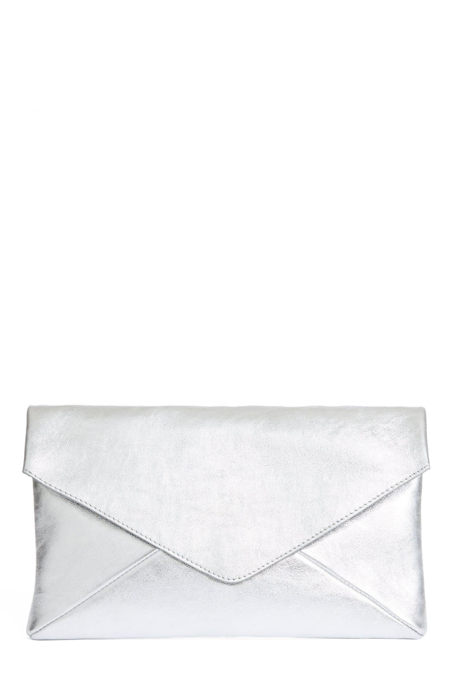Valentina Envelope Leather Clutch, Main, color, Silver