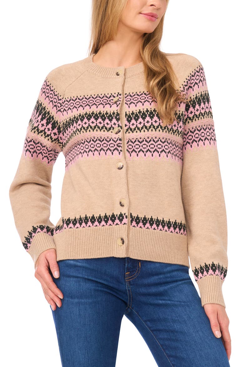 Fair Isle Stripe Cardigan, Main, color, BISCUIT HEATHER