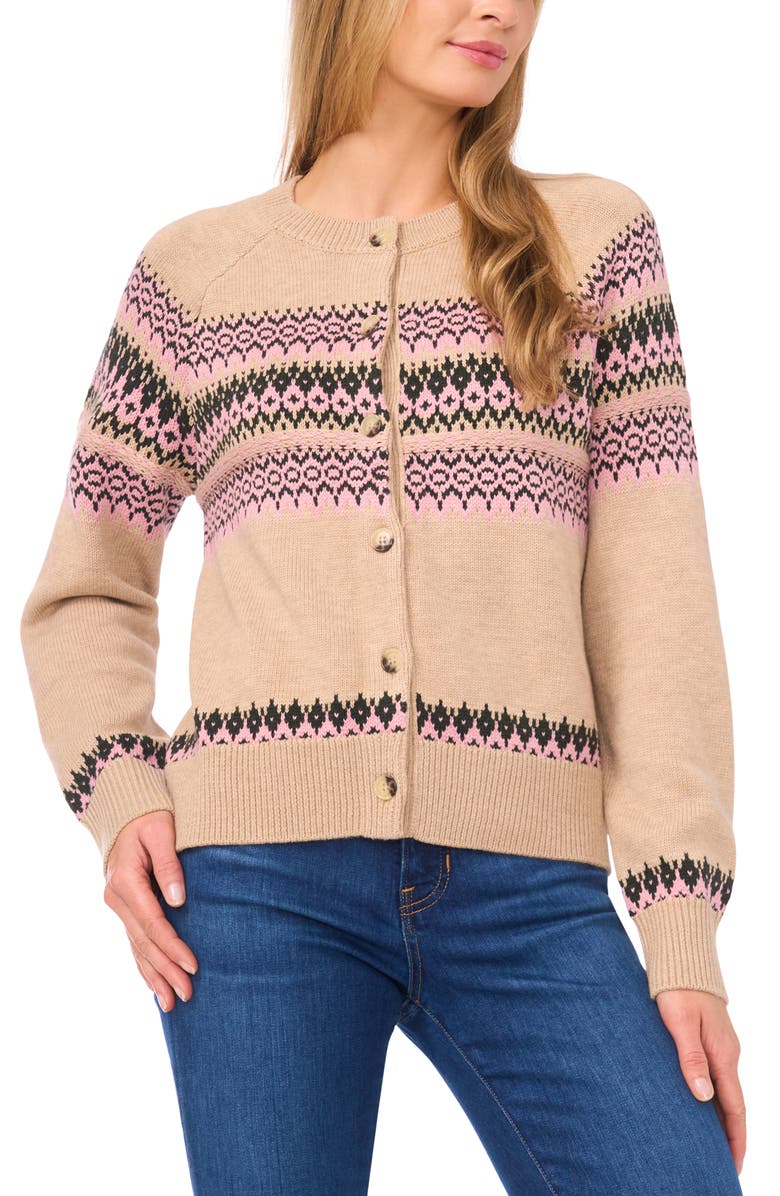 CeCe Fair Isle Stripe Cardigan, Main, color, Biscuit Heather