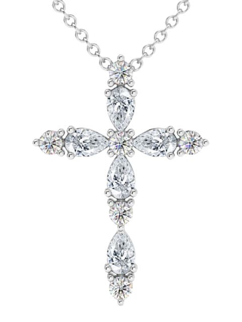 3/4Ct Diamond Cross Round & Pear Shape 14k Gold Necklace Lab Grown 1" Tall