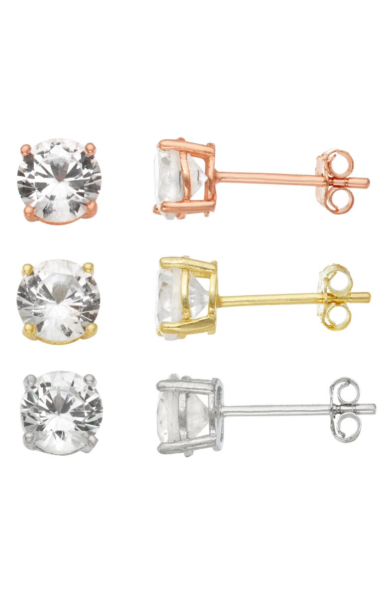 FZN Set of 3 Solitaire Cubic Zirconia Stud Earrings, Main, color, Yellow