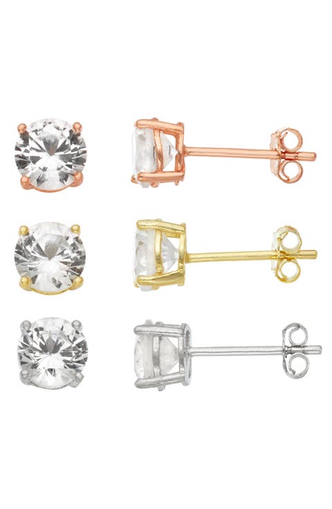 Set of 3 Solitaire Cubic Zirconia Stud Earrings