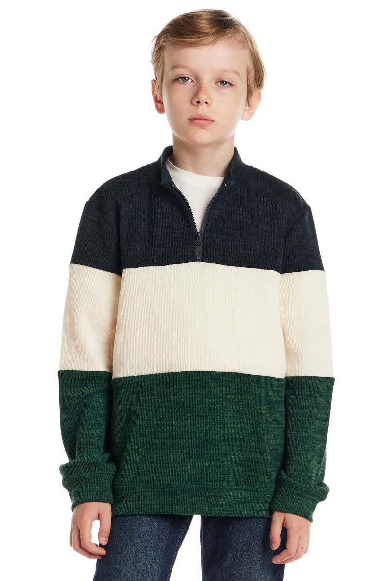 Andy & Evan Kids' Colorblock Quarter Zip Cotton Sweater, Alternate, color, Green Stripe