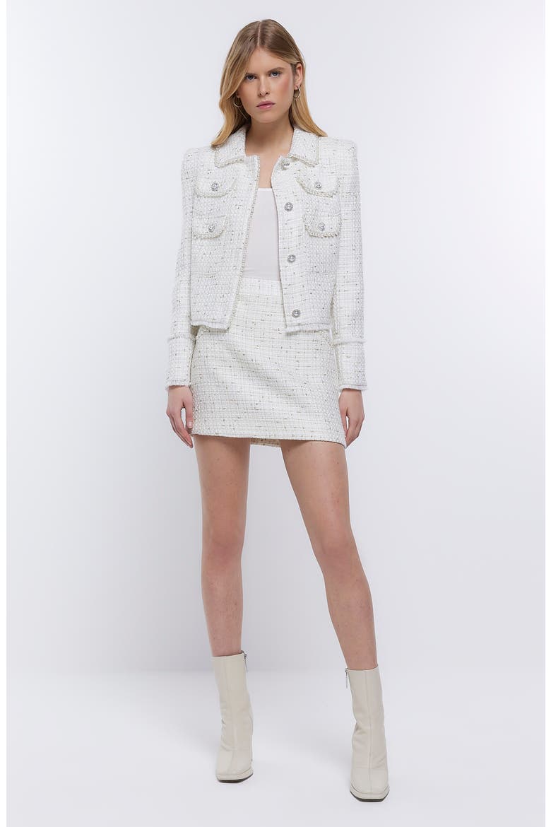 Imitation Pearl Trim Metallic Tweed Skirt, Alternate, color, CREAM