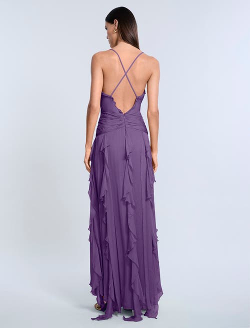 Bcbg Ruffle Halter Chiffon Gown In Purple