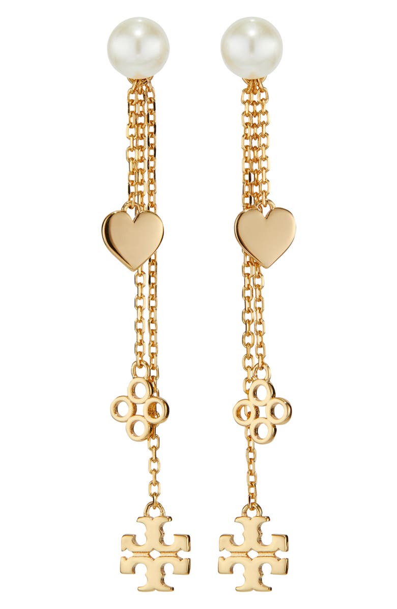 Tory Burch Kira Imitation Pearl Linear Drop Earrings, Main, color, 