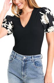 FLYING TOMATO Floral Embroidered Puff Sleeve Ribbed Top