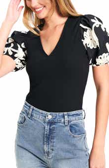 Floral Embroidered Puff Sleeve Ribbed Top
