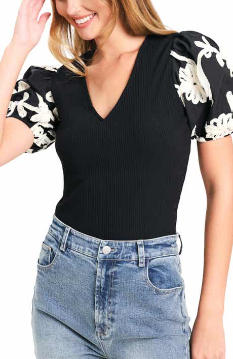 Floral Embroidered Puff Sleeve Ribbed Top