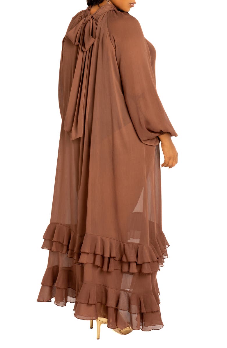 BUXOM COUTURE Tiered Tie Neck Ruffle Gown, Alternate, color, Brown
