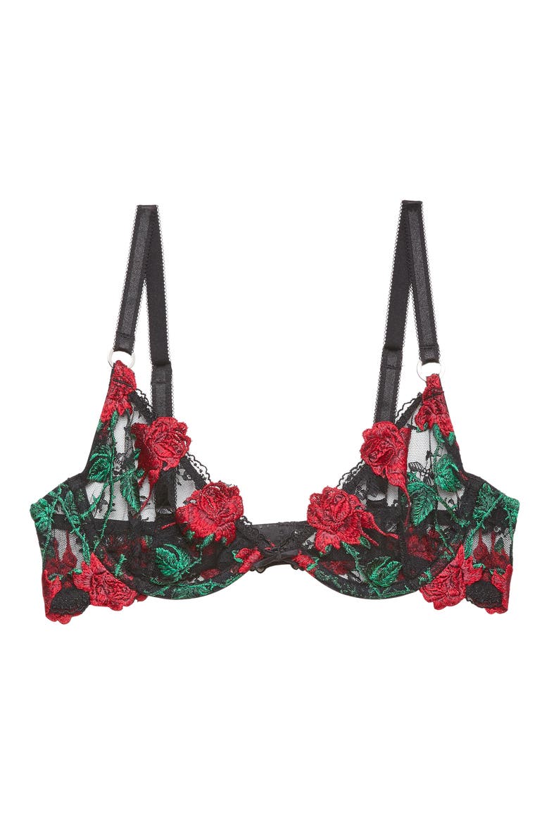 Fuller Cup Bleeding Rose Embroidered Underwire Bra, Main, color, BLACK