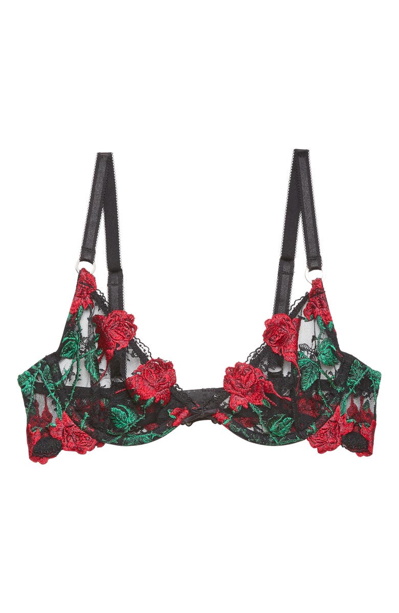 Fleur Du Mal Fuller Cup Bleeding Rose Embroidered Underwire Bra, Main, color, Black