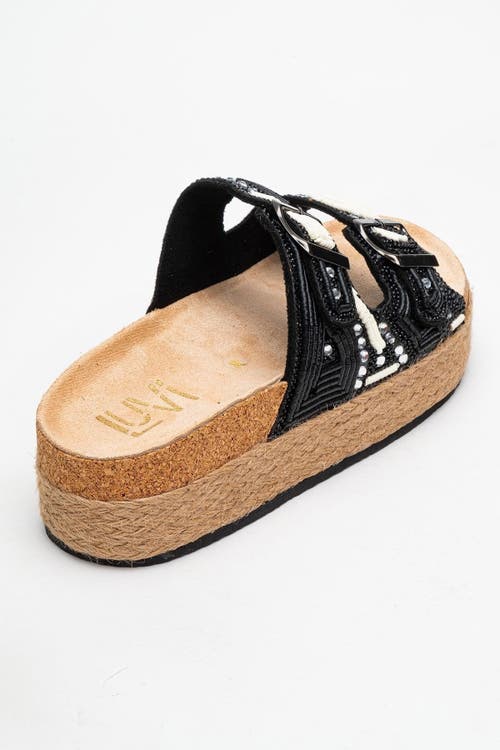 Prologue Shoes Bobby Beaded Straw Platform Slide Sandal In Black