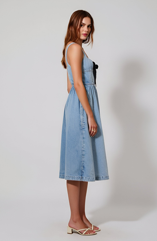 Modenaire Denim Midi Dress With Bow Detail In Blue