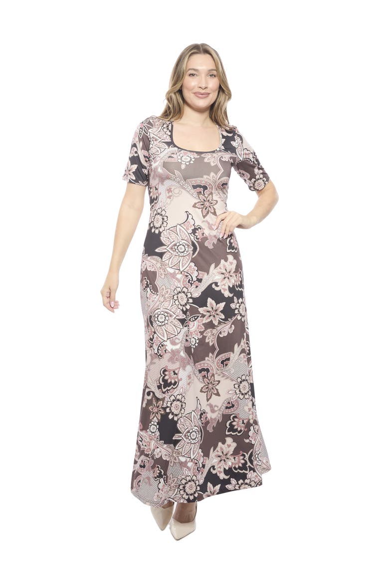 Womens Essential Scoop Neck Elbow Sleeve A-Line Maxi Dress, Main, color, Brown Multi