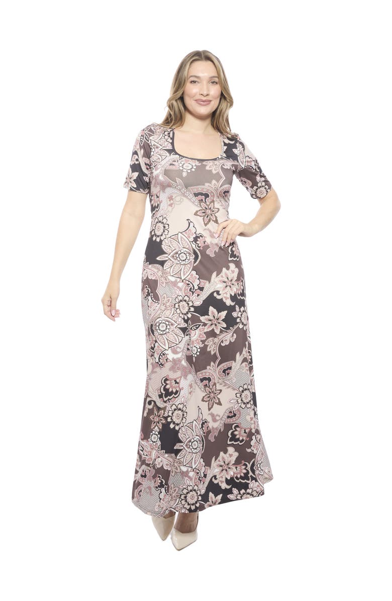 24seven Comfort Apparel Womens Essential Scoop Neck Elbow Sleeve A-Line Maxi Dress, Main, color, Brown Multi