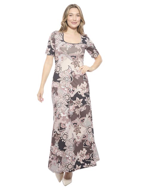 Womens Essential Scoop Neck Elbow Sleeve A-Line Maxi Dress