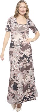 24seven Comfort Apparel Womens Essential Scoop Neck Elbow Sleeve A-Line Maxi Dress