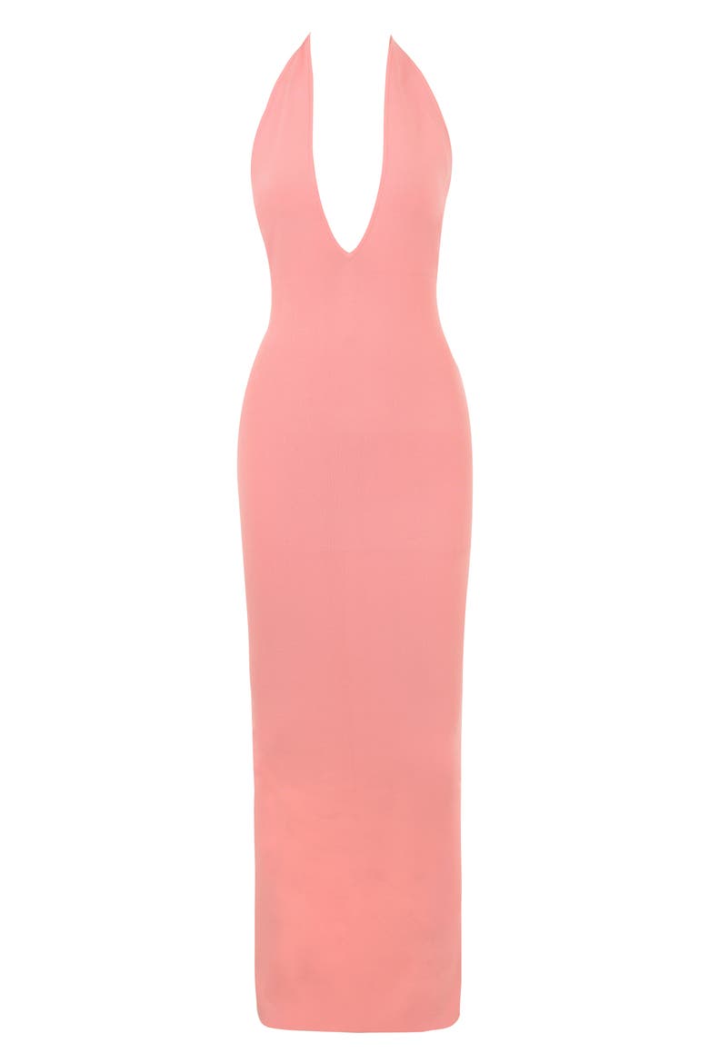 Camelia Plunge Halter Neck Rib Maxi Dress, Alternate, color, BRIGHT PEACH