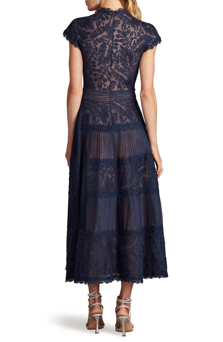 Tadashi Shoji Pintuck Pleat Embroidery Detail Cocktail Midi Dress, Alternate, color, Navy/ Nude