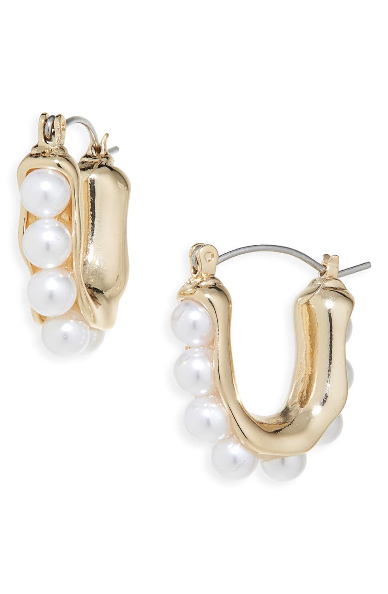 Cara Faux Pearl Huggie Hoop Earrings, Main, color, Gold/ Ivory