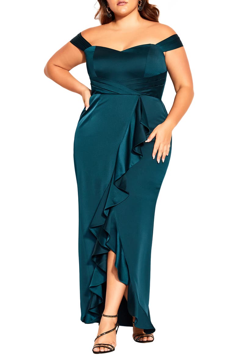 Hypnotize Off the Shoulder Satin Maxi Dress, Main, color, EMERALD