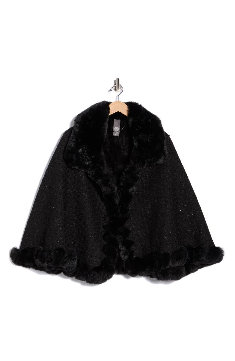 Vince Camuto Sequin Tweed Cape with Faux Fur Trim, Alternate, color, Black
