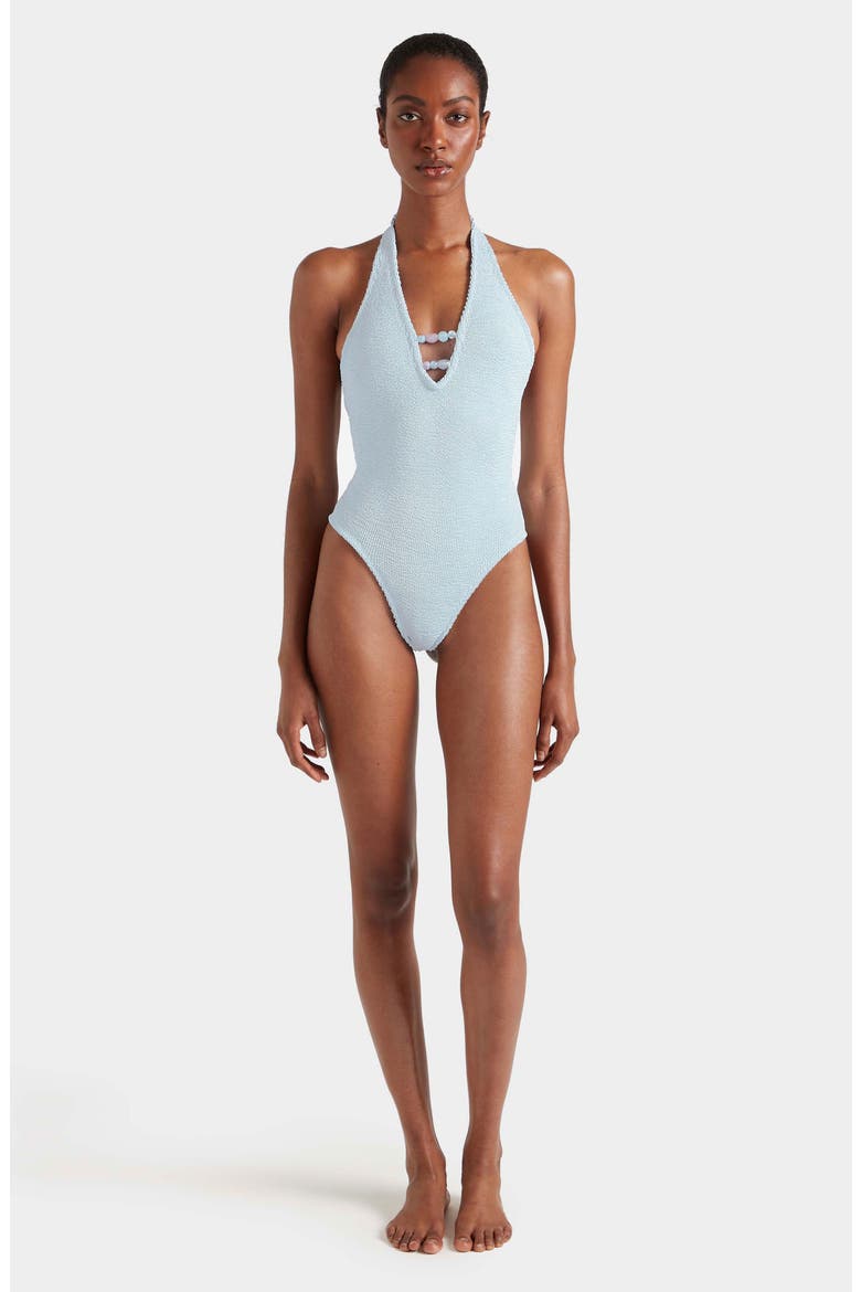 Adriana Beaded One-Piece Swimsuit, Alternate, color, METALLIC ICE BLUE