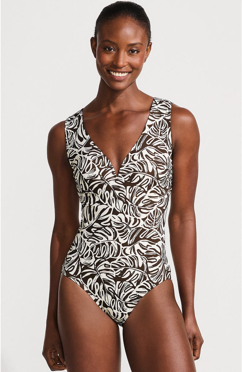 Lands' End Sculpting Suit Sweetheart V-Wire High Leg One Piece Swimsuit, Main, color, Brown Mini Tropic Leaves