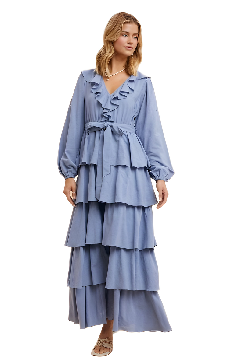 Knit and Lounge Tiered Ruffle Wrap Maxi Dress with Long Sleeves and Tie Waist, Alternate, color, Light Blue