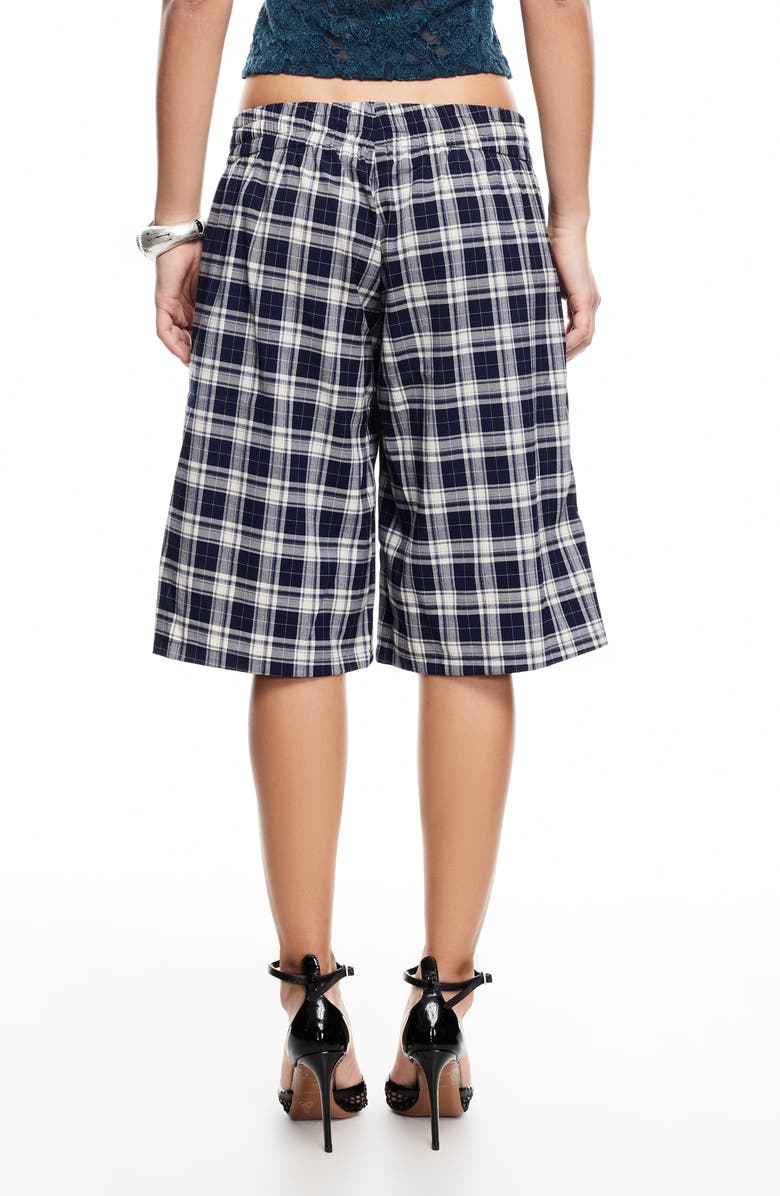 LIONESS Sevigney Plaid Long Shorts, Alternate, color, Navy Check