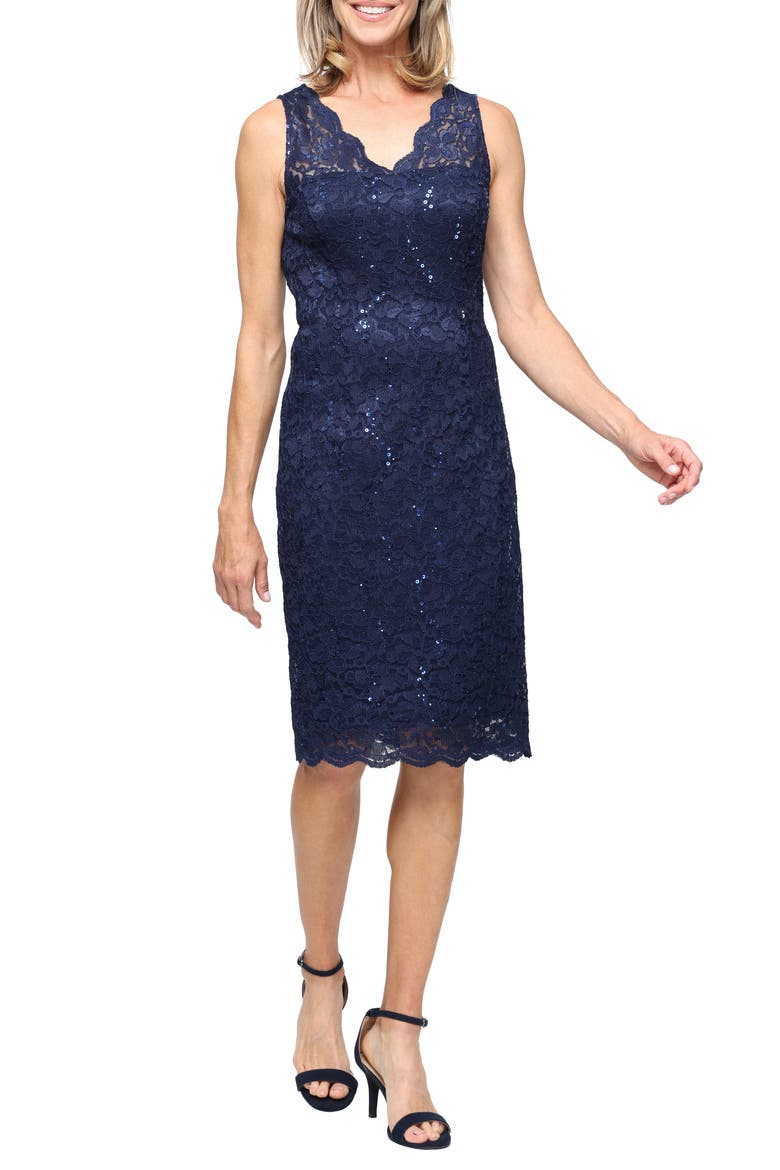 Sequin Stretch Lace Sheath Sleeveless Dress with Jacket, Alternate, color, NAVY