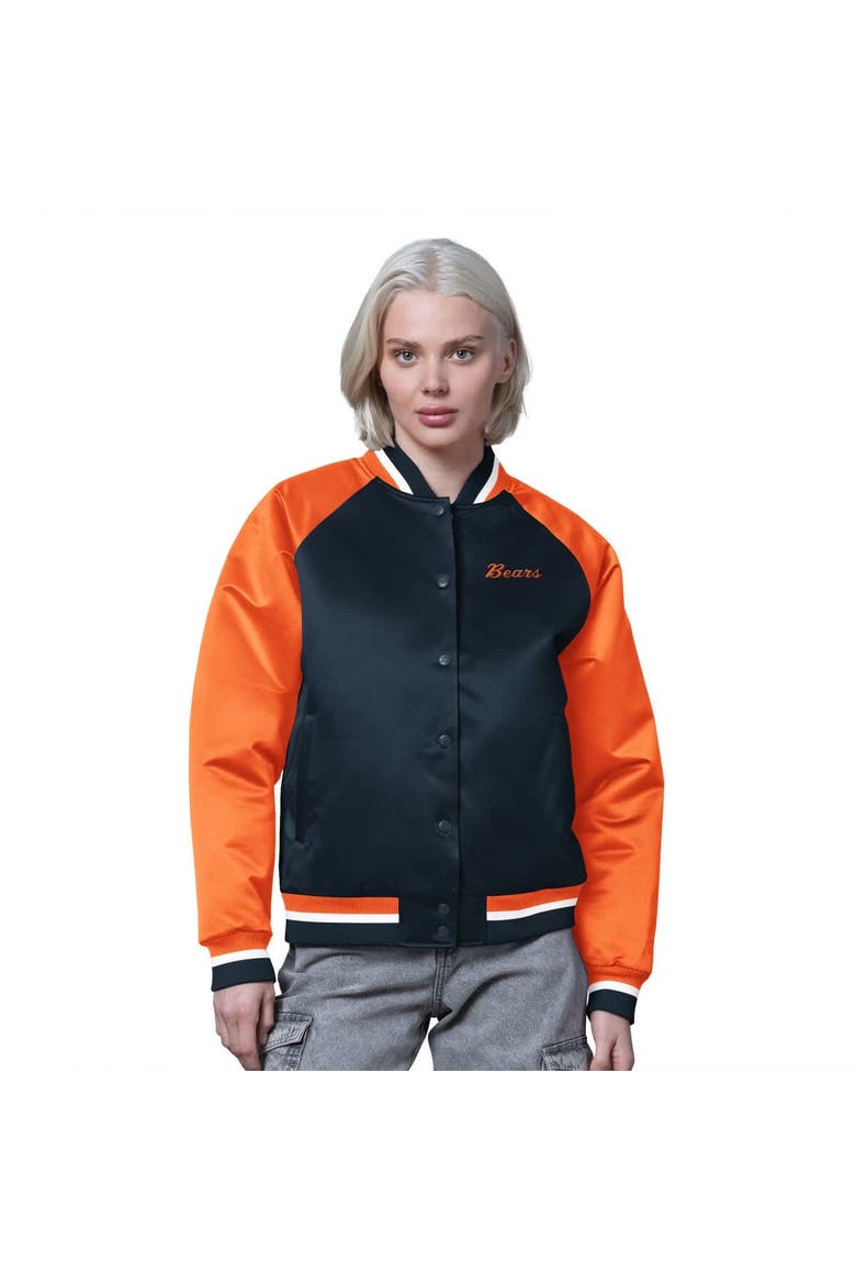 Women's Starter Navy/Orange Chicago Bears Satin Full-Snap Vintage Varsity Jacket, Main, color, Navy