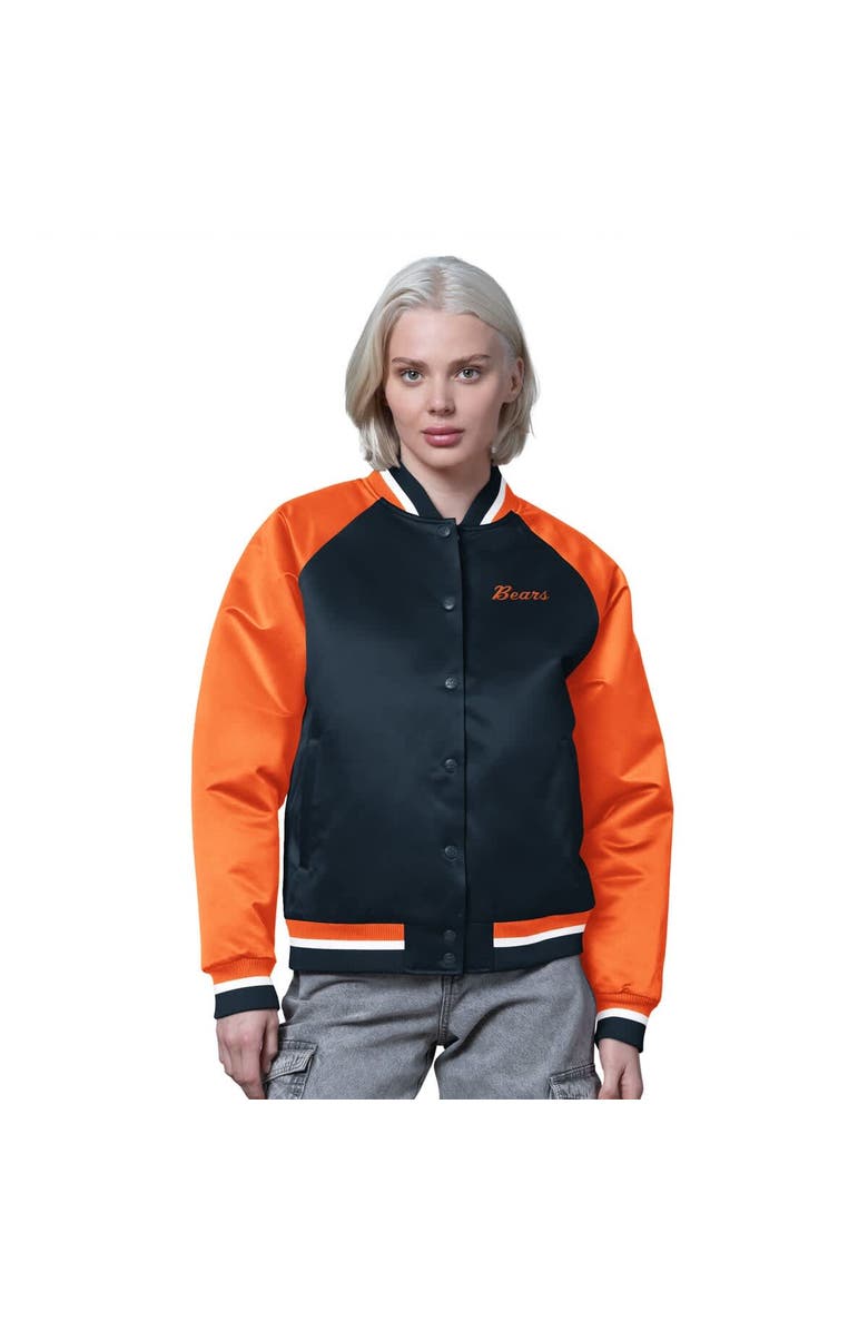 STARTER Women's Starter Navy/Orange Chicago Bears Satin Full-Snap Vintage Varsity Jacket, Main, color, Navy