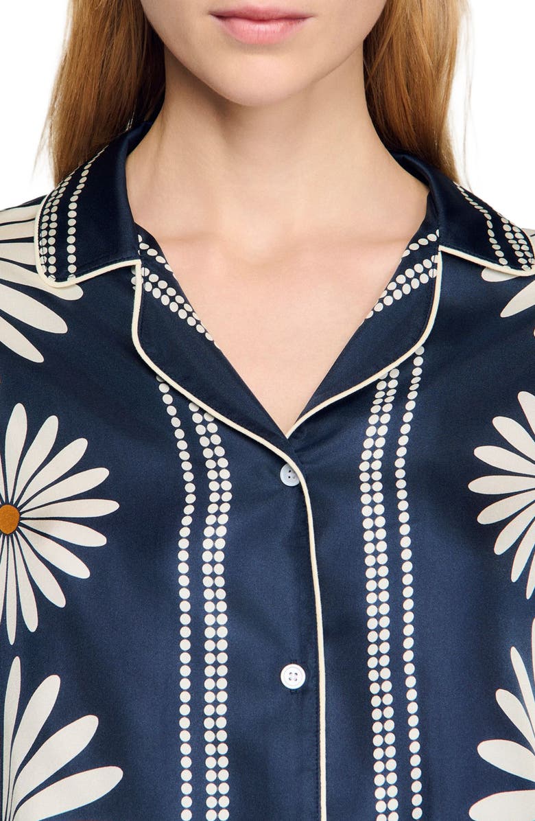 SANDRO Floral print silk shirt, Alternate, color, Deep Blue / Ocher