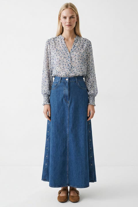 Blaize High Waist A Line Midi Denim Skirt