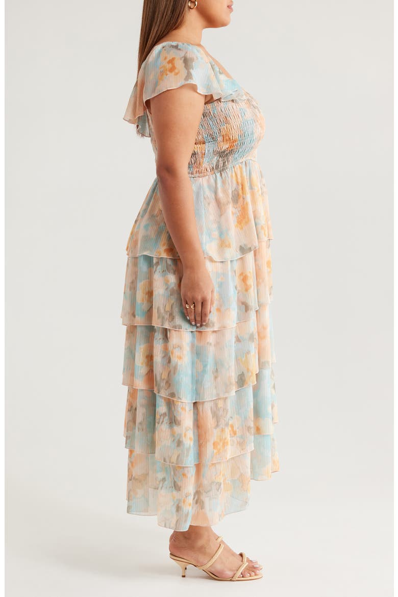 Smocked Bodice Metallic Tiered Maxi Dress, Alternate, color, PEACH/ AQUA