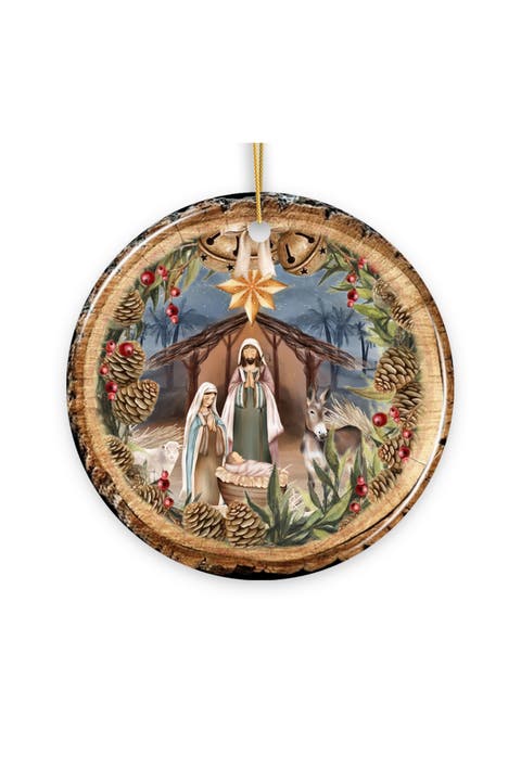 Rustic Nativity Pinecone Wreath Ceramic Ornament