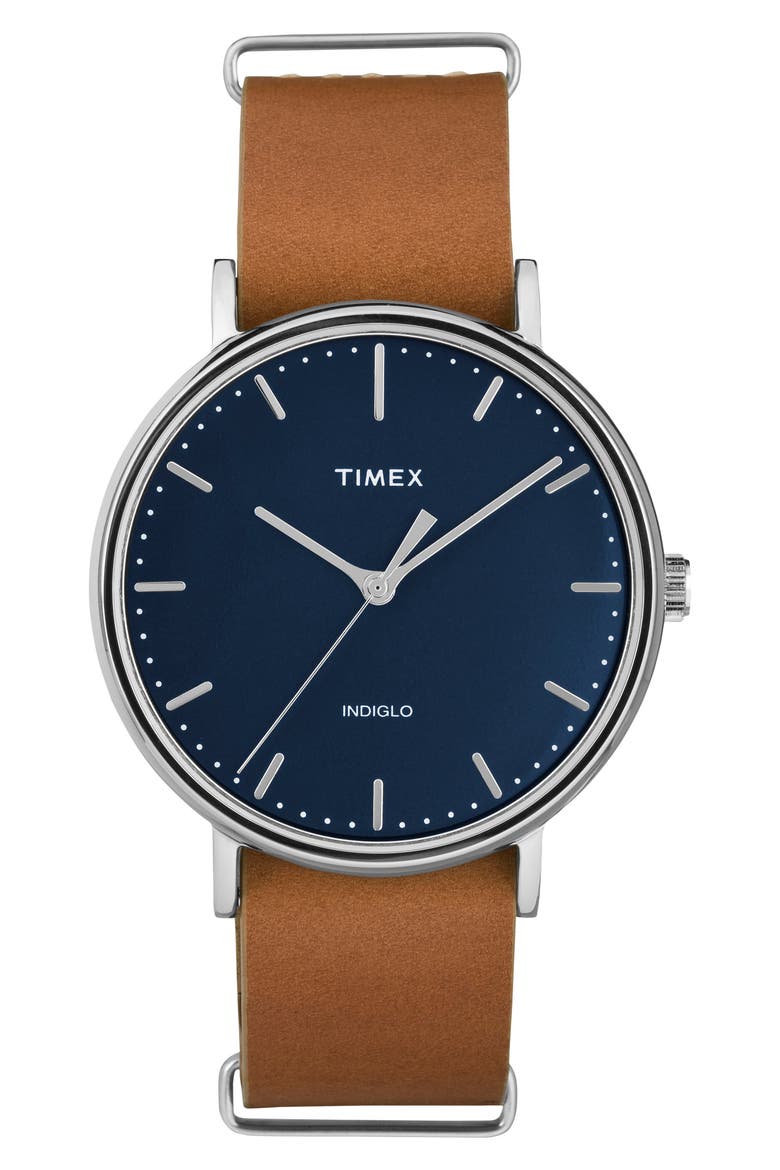 Fairfield Leather Strap Watch, 41mm, Main, color, BROWN/ BLUE/ SILVER