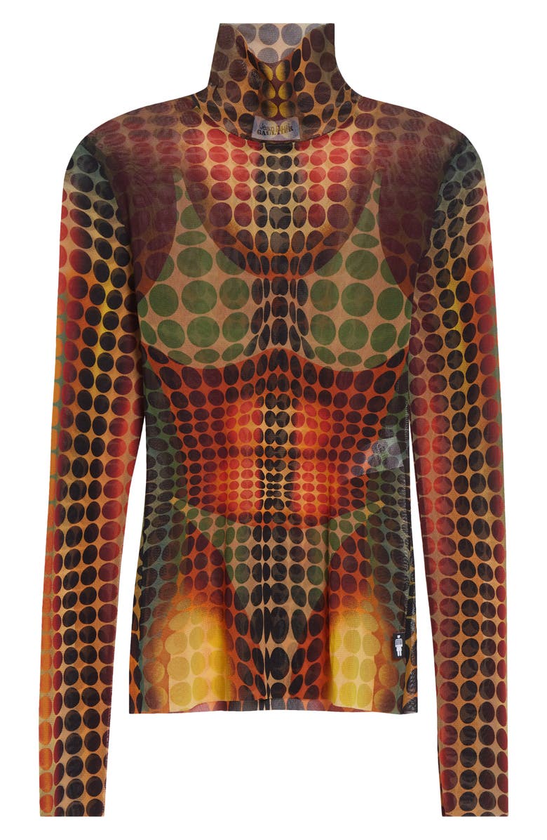 Jean Paul Gaultier Re-Edition Polka Dot Trompe l'Oeil Long Sleeve Mesh Top, Main, color, Orange/ Blue/ Brown