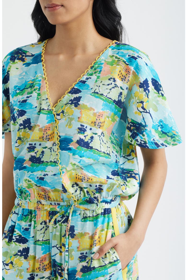 Allover Print Faux Wrap Shirt, Alternate, color, AQUA MULTI