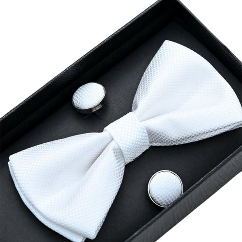 Moustache Crosshatch Bow Tie Set In White