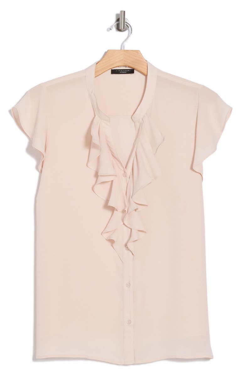 T Tahari Ruffle Cap Sleeve Button-Up Top, Alternate, color, 