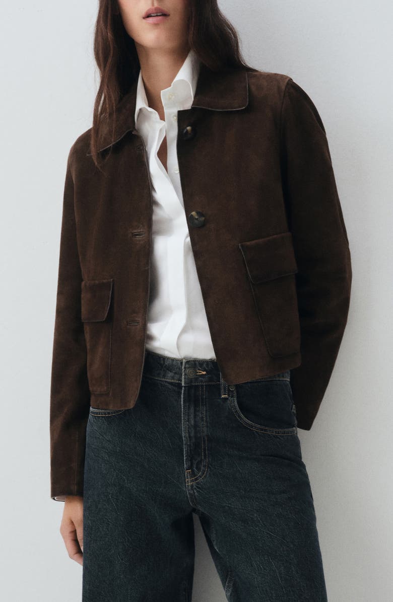 MANGO Selection Suede Button-Up Jacket, Main, color, Brown