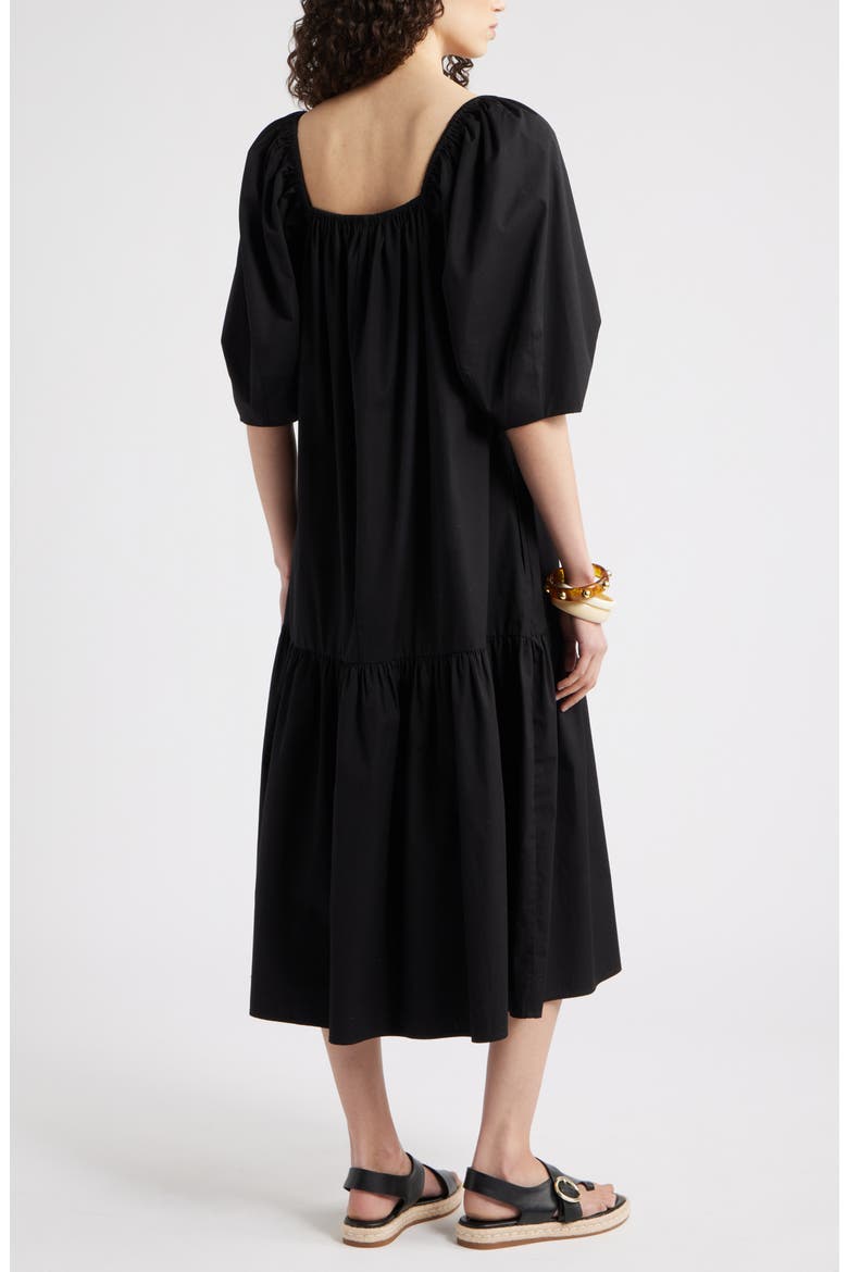 Square Neck Puff Sleeve Cotton Midi Dress, Alternate, color, BLACK