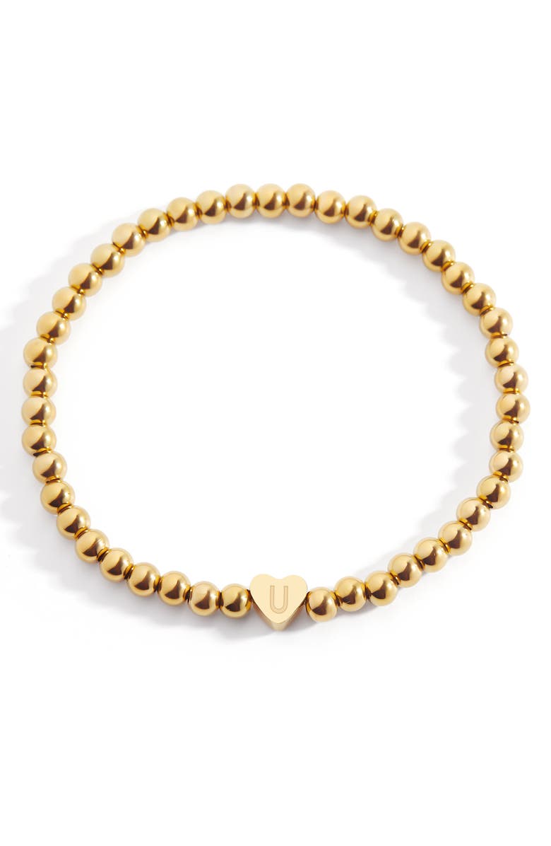 Mint & Lily Gold Beaded with Heart Initial Bracelet, Main, color, Letter U